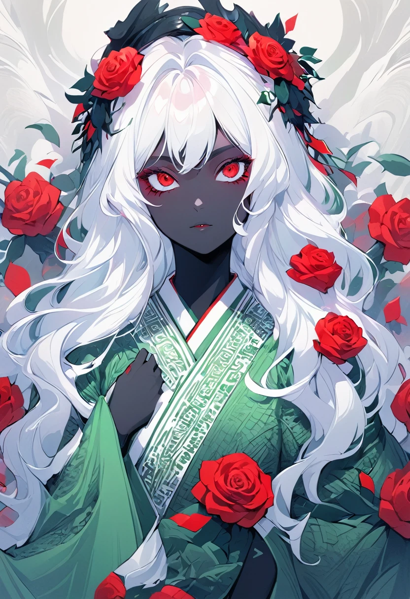 Hand drawn illustrations,Texture Noise,A woman,White long hair,Wearing a green dark pattern robe,The body is supported by red roses,Strong contrast