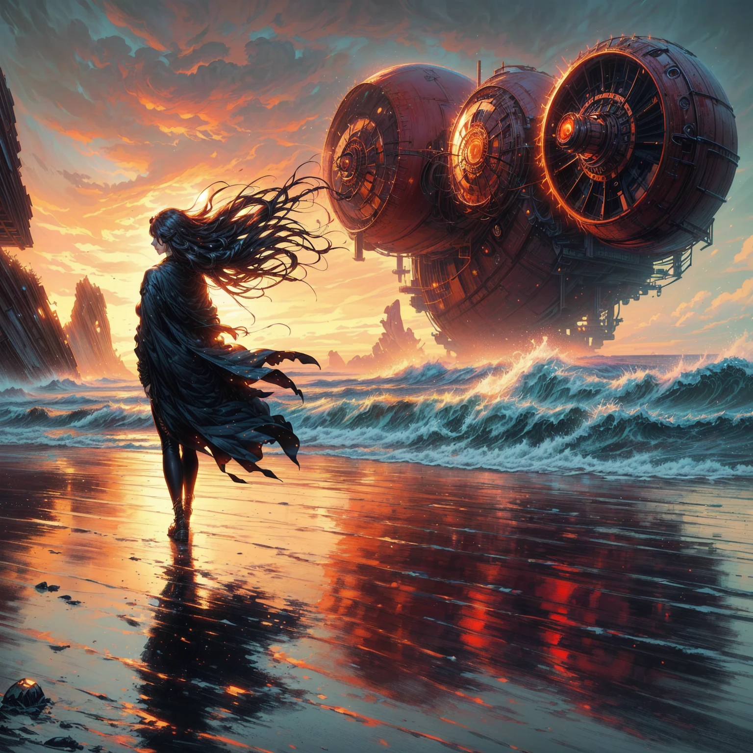 arafed image of a woman walking on the beach with a giant object in the background, greg beeple, peter gric and dan mumford, 8 0's style tomasz alen kopera, anato finnstark and alena aenami, beeple and tim hildebrandt, peter mohrbacher and dan mumford, epic fantasy sci fi illustration