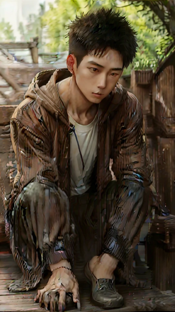 Draw a picture showing a very handsome Korean man, 20 years old, sitting on a wooden bench in front of a traditional wooden building, perhaps a house or temple. Beside the person, there was a large fox like a giant with very intricate fur details. The fox has bright orange fur, black legs, and distinctive white-tipped ears and tails, totaling 9 dangling tails. Its mouth was open as if it was growling or barking, showing its sharp teeth. The person was wearing a hoodie jacket including basketball shoes. The setting appears to be a forest area with dense foliage in the background., photo, portrait photography, conceptual art