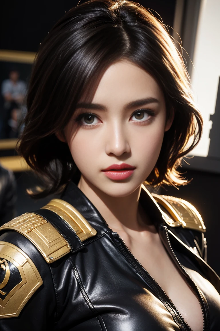 cute brown skin girl, Sexy Body, wavy purple hair [Shades of black], Golden Eyes (Shiny), Ultra-realistic eyes, With a pistol, Jumping, Sniper Equipment, Valorant Riot Games, Round face, Realistic lighting, Radio City, close.