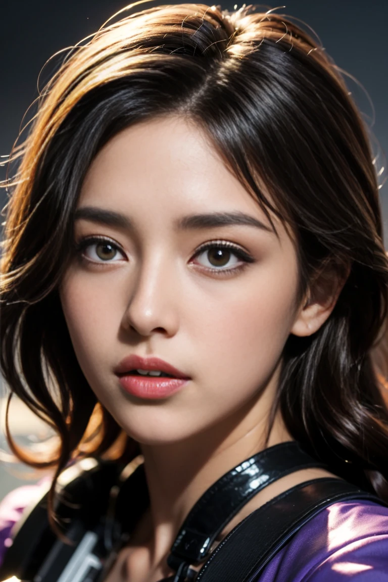cute brown skin girl, Sexy Body, wavy purple hair [Shades of black], Golden Eyes (Shiny), Ultra-realistic eyes, With a pistol, Jumping, Sniper Equipment, Valorant Riot Games, Round face, Realistic lighting, Radio City, close.