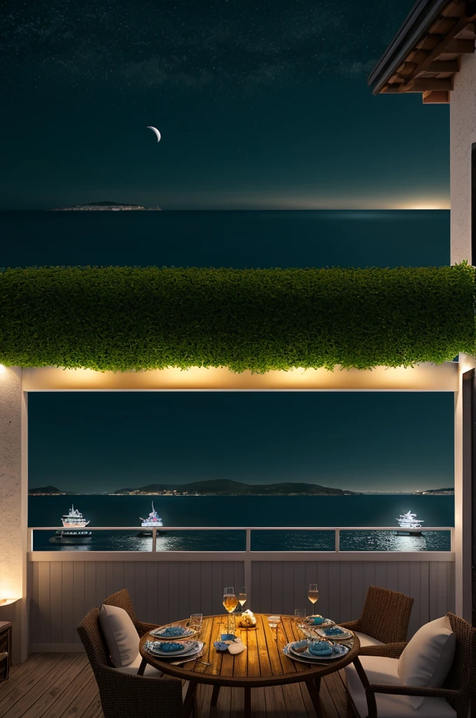 Sea of night,field,Realistic,More realistic,Seaside terrace,8K Ultra HD, Digital SLR, Party Venue,Midnight Sea,View from the terrace