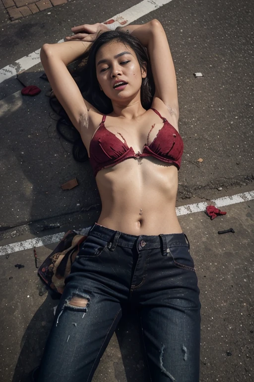 Young half dead dirty body of Indonesian girl, descent mixed from sundanese and javanese, 25 years old, slim body, georgeus face, lying down half nakedhe street as a dead girl, head lying weak limp down on asphalt, dead girl white turned up eyes, dead girl being hasbdamage body and face, caused by bloody motor bike accident, all her clothes torn aparts, her body and motorbike crushed by a heavy truck, blood flowing out from her open mouth and nose and ears, natural, very detail, very realistic, all her body visible, hairy bloody vagina expisible, wearing torn and folded up messy dress, torn into many parts thin trousers, torn aparts panty, blown up weak limp down legs and hands on asphalt, no cartoon,