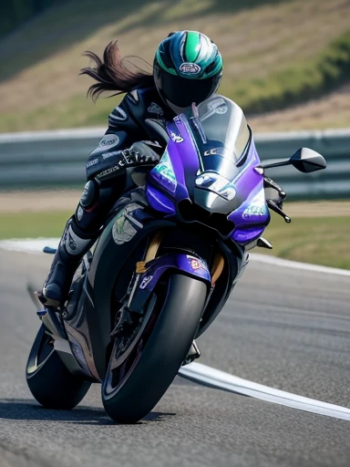  Japanese woman,black hair,27 years old, (slender), (small breasts),best quality, detailed, beautiful, insanely detailed, absurdres,perfect anatomy, motoGP, two women, kawasaki racer replica motorcycles speeding down the highway, (motion blur:1.1),