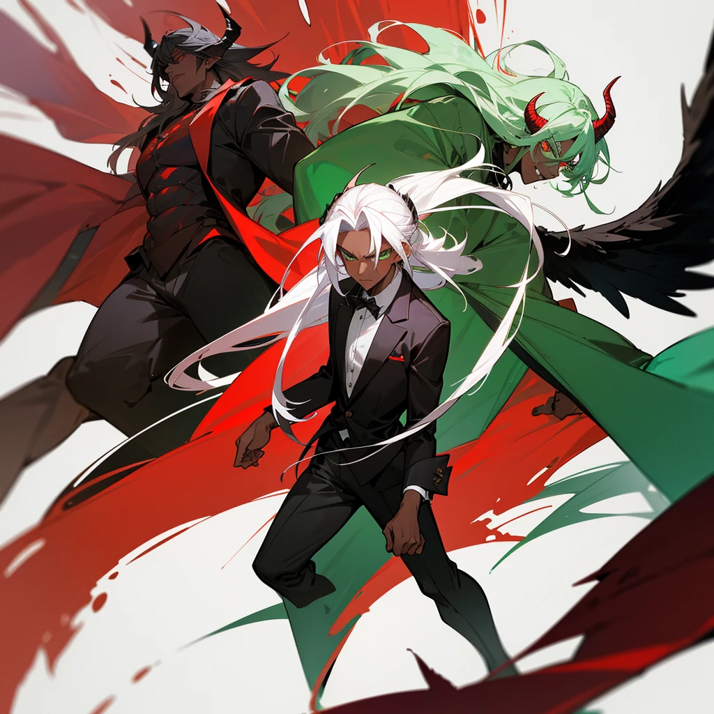 Male character, handsome, dark skin, black wings, wearing a red suit, long white hair, emerald green eyes, his appearance is that of a fire demon, his body is that of a fire demon with giant horns, a bestial body, a hideous, intimidating appearance, a horrible, ugly, hideous demon.