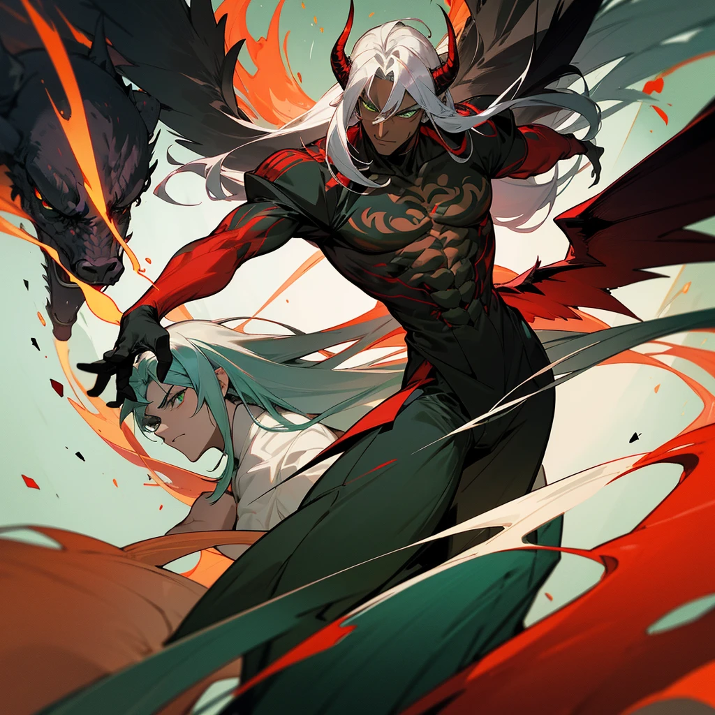 Male character, handsome, dark skin, black wings, wearing a red suit, long white hair, emerald green eyes, his appearance is that of a fire demon, his body is that of a fire demon with giant horns, a bestial body, a hideous, intimidating appearance, a horrible, ugly, hideous demon.