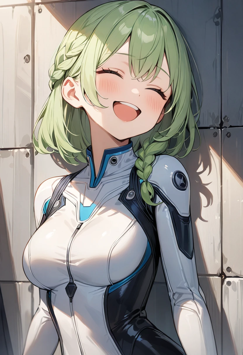 (masterpiece, top quality, very aesthetic, 4k、illustration), intricate detail, 1girl,Standing in front of a wall、(upper body)、happy smile、Open mouth、closed eyes、(braid hair)、
Cute 、light green hair、,middle hair,sidelock ,,blue eyes、pilot suit、Tight Suit、,medium breasts、Slim 、