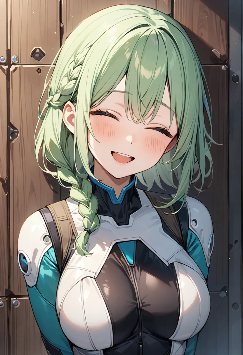 (masterpiece, top quality, very aesthetic, 4k、illustration), intricate detail, 1girl,Standing in front of a wall、(upper body)、happy smile、Open mouth、closed eyes、(braid hair)、
Cute 、light green hair、,middle hair,sidelock ,,blue eyes、pilot suit、Tight Suit、,medium breasts、Slim 、