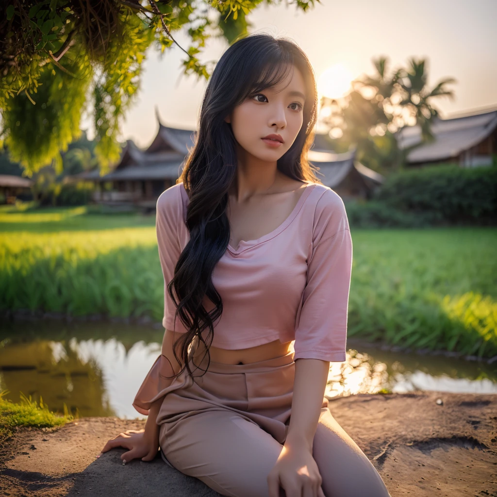realistic: Open the aperture wide., professional lighting, Sony A7R4, 50 mm sitting lens. 2 ; Warm light, (digital painting, HDR ภาพถ่ายหน้าตรงThai anime, Female anime Araffe 25 30 years old, realistic: Open the aperture wide., professional lighting, Sony A7R4, 50 mm sitting lens. 2 ; Warm light, (digital painting, HDR, high contrast (digital painting, HDR, high contrast),Old jeans torn, bright colored t-shirts, Looking straight at you intently, Long-haired woman with a round face, Red cheeks, Pink cheeks, black eyes ตาสองชั้น, black eyes, Thai anime, Has a large chest size of 38 inches., ponytail woman, flowing black hair, long flowing black hair, she has black hair, Her black hair was long and wavy., beautiful black hair, Extra dark natural black hair, The shirt is tight., Looks hot., ,black eyes,abdominal muscles, rounded chest, outdoor, The background is a rice field., There is an old thatched Thai-style hut in the background., The evening sun shines, beautiful female model, jaw-dropping beauty, realistically,