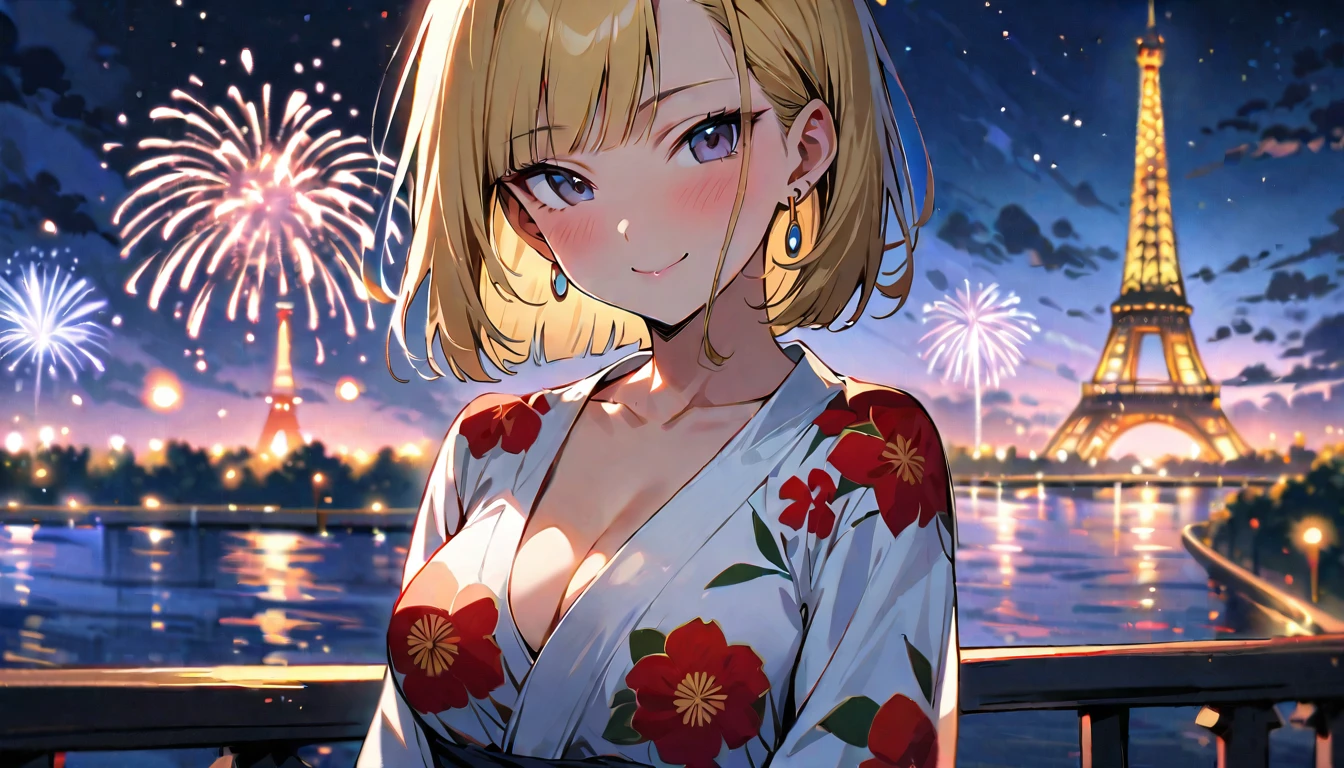 (masterpiece, best quality:1.2),1girl, (solo), Android 18 from Dragon Ball, ((floral print white kimono)), medium breasts, blunt bangs, blonde short hair, black eyes, earrings on earlobes, slim, slender feminine figure, skinny body, blush, magnificent view, blur background, 4K, the Eiffel Tower, firework, collarbone, looking at fireworks, riverside, smile, 