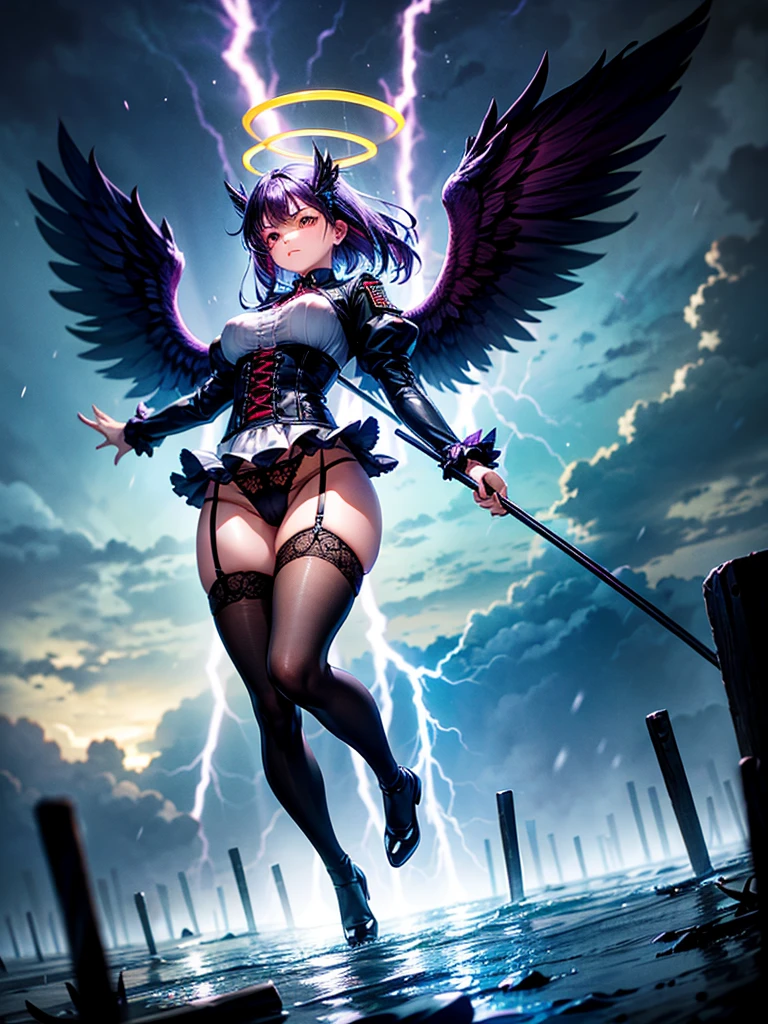 Highest quality,Highest Resolution,Beautiful girl with angry face in gothic lolita leotard,High leg,(((Floating in the air))),Halo,Night Sky,Severe lightning strike,Thick Lightning,Very beautiful red eyes,rain,(((Black angel wings on the back))),whole body,front,Purple hair long,In hand１with two big spears,Knee-high stockings,garter belt,Floating in the air,darkness,