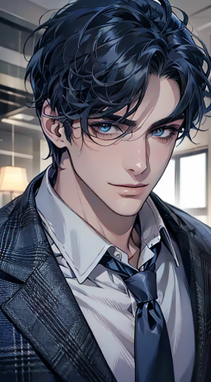 (Highest quality,4K,8K,High resolution,masterpiece:1.2),Super detailed,(Realistic,photoRealistic,photo-Realistic:1.37),1 person,31 years old,Mature Men,Beautiful skin、Profile、very handsome,Expressionless,smile,Short blue hair,blue eyes,Sharp Eyes,A perfect face without a doubt,Businessman,Office Background,Cinema Lighting,HDR image,tie、