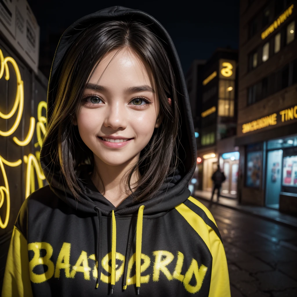 detailed background, Masterpiece, Best Quality, SMILE, ornament, hoodie, portrait, yellow neon, graffiti, Dark, evening, bright Eyes, black light