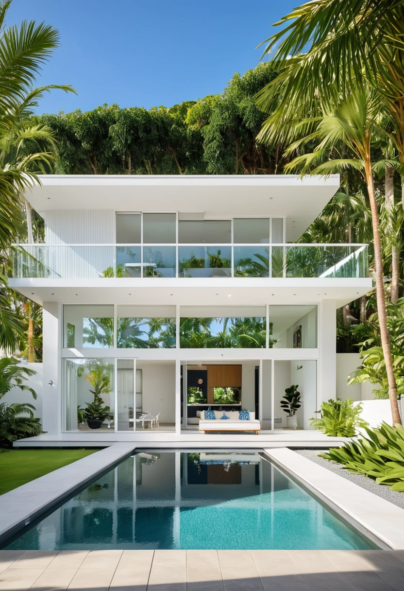 A hyper-realistic image of a modern house with a minimalist design, featuring a combination of white and blue materials. The house has a flat roof, large glass windows, and a balcony with a white railing. The entrance is flanked by lush greenery and palm trees. There is a white gate in front and the garden includes various tropical plants. The overall ambiance is serene and contemporary, with detailed textures and realistic lighting, shadows, and reflections. The colors are bright and fresh, showcasing the crispness of the materials and the surrounding environment. The lighting is natural and gives a bright midday feel.
