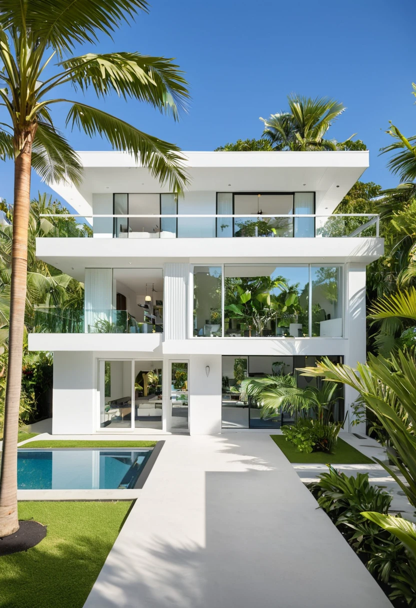 A hyper-realistic image of a modern house with a minimalist design, featuring a combination of white and blue materials. The house has a flat roof, large glass windows, and a balcony with a white railing. The entrance is flanked by lush greenery and palm trees. There is a white gate in front and the garden includes various tropical plants. The overall ambiance is serene and contemporary, with detailed textures and realistic lighting, shadows, and reflections. The colors are bright and fresh, showcasing the crispness of the materials and the surrounding environment. The lighting is natural and gives a bright midday feel.
