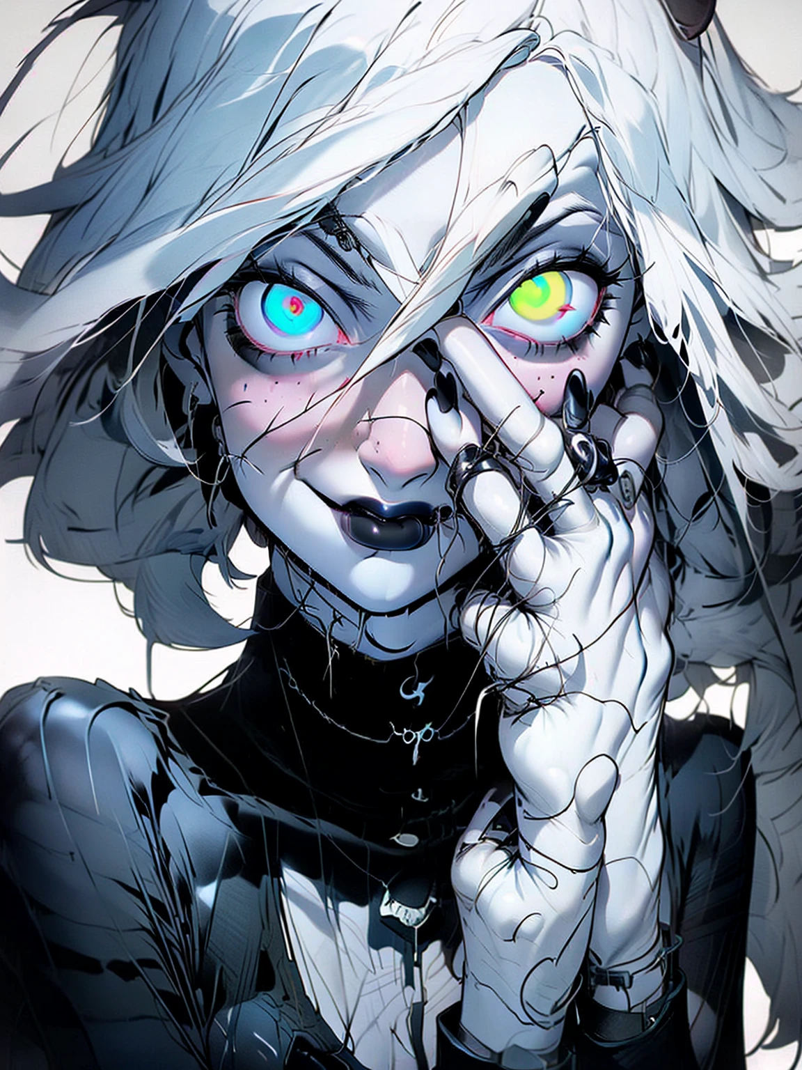 Beautiful young white-haired woman with piercing red and blue eyes, half smile with full lips, black nails, barbed wires everywhere(coiled black barbed wires),read eyes,Blue eyes, (different eyes), (heterochromia)