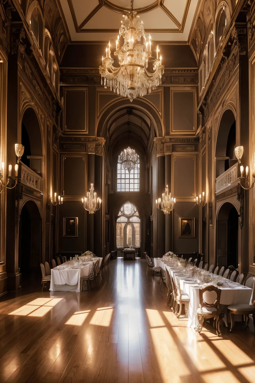 ((better quality)), (detailed), (Interior of a Renaissance palace, with 3 arch-shaped windows, showing gardens in the background, on a sunset afternoon),
(2 chandeliers on the ceiling), (The floor completely black flooring), (Lighting on the walls with sconces), (3840 x 2160) (landscape) (In the hall, table with cake and wedding decoration)