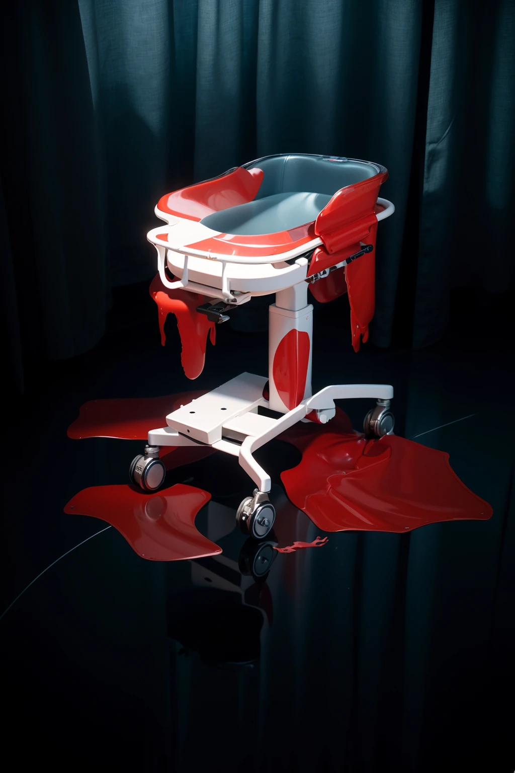 The image presents a haunting and dramatic scene set in a dimly lit, possibly medical environment. At the center is a surgical or examination table, starkly white, splattered with vibrant red blood, which is dripping onto the floor, forming pools of various sizes. The reflection on the shiny floor enhances the ominous atmosphere, adding a chilling effect. The curtains in the background are drawn, adding to the sense of isolation and secrecy. The setting, combined with the blood and dark tones, creates a visceral sense of unease, evoking themes of horror or a crime scene.accentuated by the minimalist design and the chilling orderliness of the environment. The scene conveys a sense of quiet solitude typical of such places, where the stillness is palpable and profound.The overall composition of the image is both eye-catching and charming, effectively conveying a sense of joy and creativity.ffects render, (glossy plastic texture with multiple big light probe refractions), perfect cgi, smooth silhouette, high intensity refraction, (super glossy plastic material), most beautiful vfx, , realistic, 4k, high resolution, rim light, smooth 3d model, multiple light sources, rim light, sharp post effects render,, realistic, 4k, high resolution, rim light detailed digital art, reflective, best quality, 4k, masterpiece:1.2, ultra-detailed, realistic, vivid colors, The image of the highest quality, ensuring every detail showcased perfectly. It in 4k resolution, allowing viewers to immerse themselves in the richness of the colors and intricate details. The realistic rendering. under the spotlight, reflecting, high-resolution image, realistic rendering