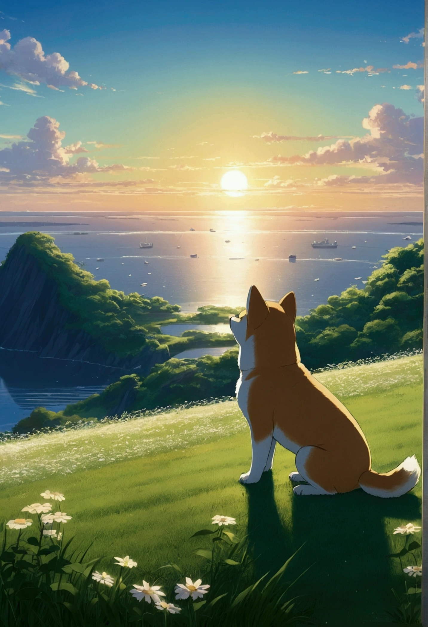 Makoto Shinkai Taste, Beautiful Landscape, Shiba Inu Puppy, Healing scenes, hope, Detailed Description, Asahi, Angle from afar,