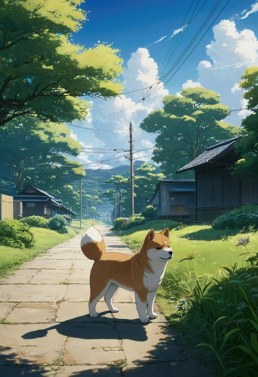 Makoto Shinkai Taste, Beautiful Landscape, Shiba Inu Puppy, Healing scenes, hope, Detailed Description, Asahi, Angle from afar, 


