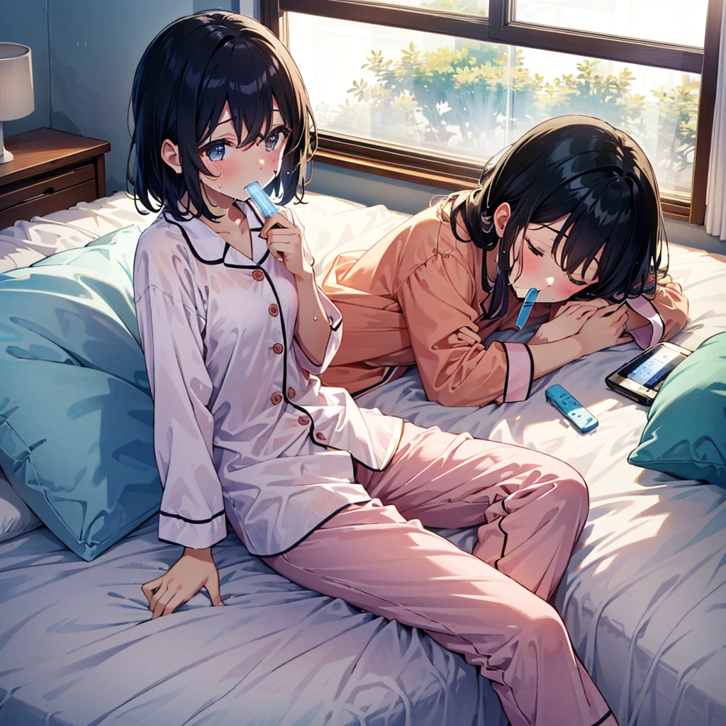 Bed in my room, a girl is sleeping on the bed, her face is flushed with fever, she has a thermometer in her mouth, she is holding the futon with both hands, she is wearing pajamas, she is sweating and her clothes are transparent. Clothes are exposed,