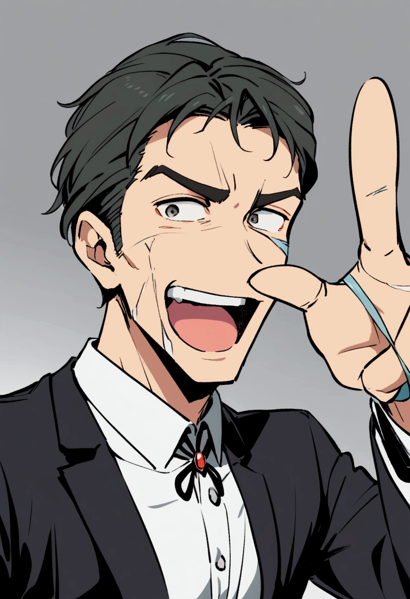a man cartoon, Mouth tied with adhesive tape, Background Gray, Selfie
