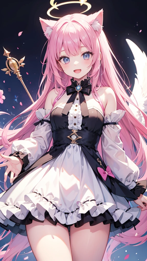 hyper precise hyper detailed illustrations,fate grand order style,1short shota,pink hair,long hair,angel halo,cat ear,cat tail,open mouth cat smile,looks like little bitch,Whip thick thighs,adult-game style magical girl costume,