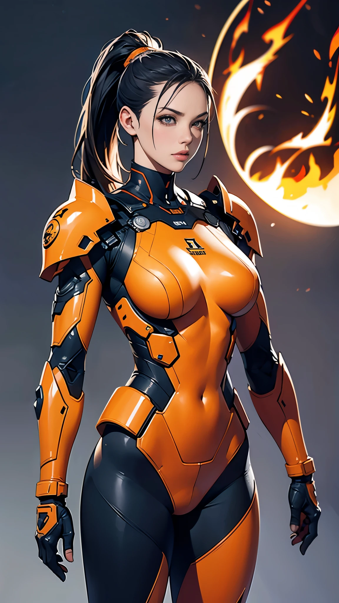 (masterpiece:1.2, Highest quality,High resolution,Very detailed),8K,wallpaper,(Very detailed),(Concept Art),(Armored Core Style),Woman in ninja robot armor,ponytail,(Fire Ninja),(Orange body),(Fine grain:1.3),(Detailed face:1.3),(Detailed body:1.3),((Cowboy Shot)),(((The background is a blazing flame)))