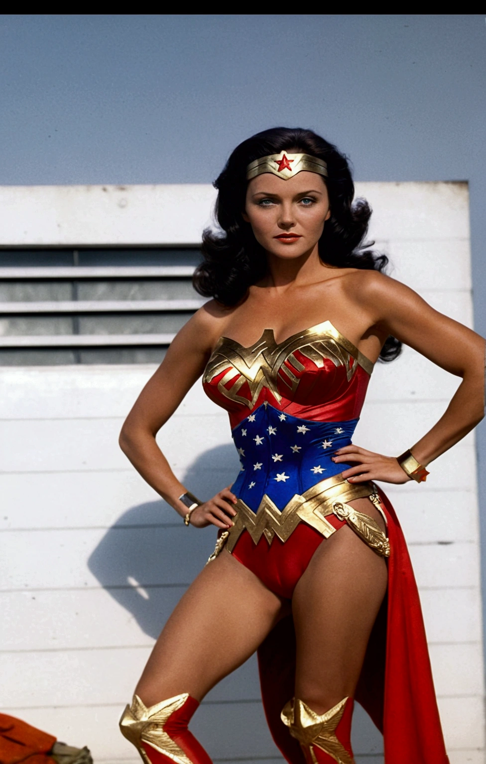 Linda Carter. Wonder woman. Full body shot, full length cinematic shot. sensual. stupid. sexy, micro stupid. lingerie. Xxx, hyper realism. 8k. Photography, hyper realism. k. Photography (Masterpiece, super detail, high detail, Best Quality, 8k