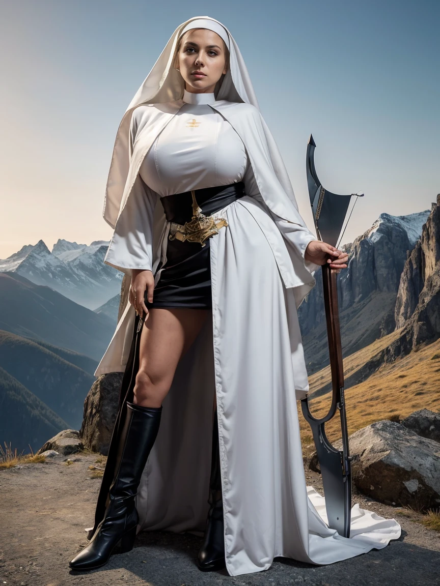 (masterpiece, top quality, best quality, official art, beautiful and aesthetic:1.2), (1girl:1.3), ((Sharp facial features, sharp features, hawkish features)), ((grey eyes)), busty paladin knight girl, extremely detailed, portrait, looking at viewer, solo, (full body:0.6), detailed background, full-body shot, (cold mountain nighttime glacier theme:1.1), holy knight, (nun), charlatan, smirk, mysterious, swaying in mountains, armor, polished metal, gold trim, long boots, white fabric, pelvic curtain, robe, pale leather, ((((nun, crossbow, heavy armor, armored, long legs, robes, prayer scrolls, toned, muscular)))), slim waist, slim hips, long legs, medieval (mountain exterior:1.1) background, dark mysterious lighting, shadows, magical atmosphere, dutch angle
