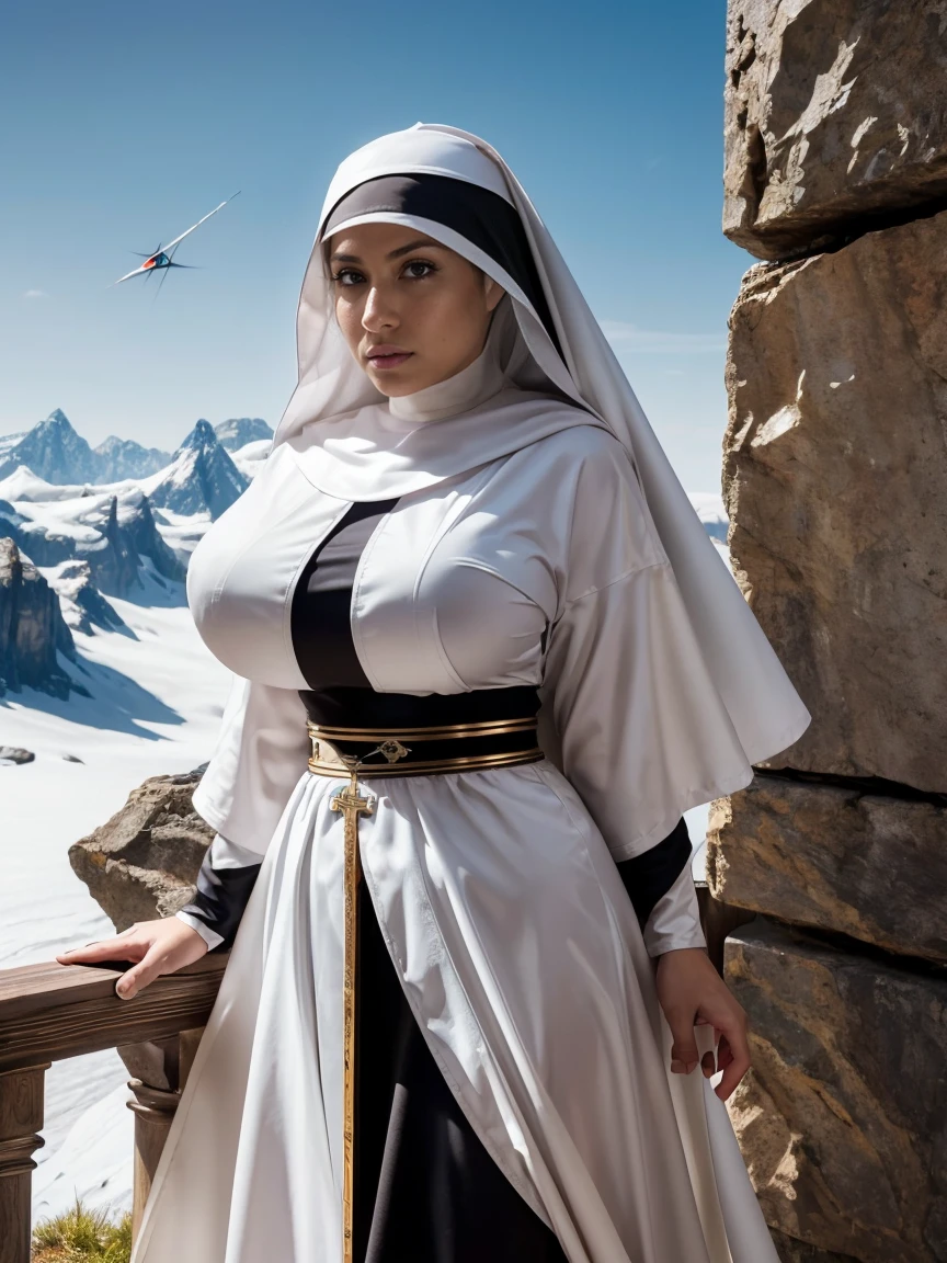 (masterpiece, top quality, best quality, official art, beautiful and aesthetic:1.2), (1girl:1.3), ((Sharp facial features, sharp features, hawkish features)), ((grey eyes)), busty paladin knight girl, extremely detailed, portrait, looking at viewer, solo, (full body:0.6), detailed background, full-body shot, (cold mountain nighttime glacier theme:1.1), holy knight, (nun), charlatan, smirk, mysterious, swaying in mountains, armor, polished metal, gold trim, long boots, white fabric, pelvic curtain, robe, pale leather, ((((nun, crossbow, heavy armor, armored, long legs, robes, prayer scrolls, toned, muscular)))), slim waist, slim hips, long legs, medieval (mountain exterior:1.1) background, dark mysterious lighting, shadows, magical atmosphere, dutch angle