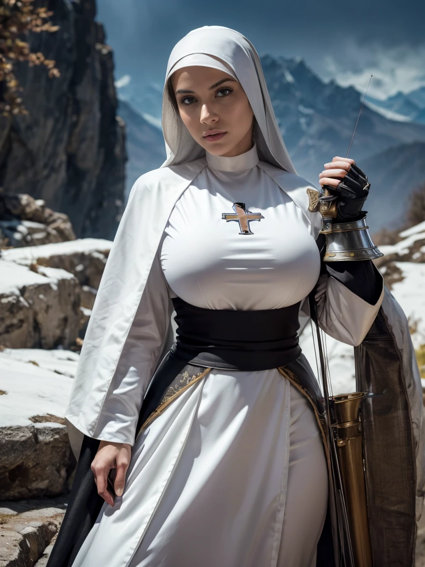 (masterpiece, top quality, best quality, official art, beautiful and aesthetic:1.2), (1girl:1.3), ((Sharp facial features, sharp features, hawkish features)), ((grey eyes)), busty paladin knight girl, extremely detailed, portrait, looking at viewer, solo, (full body:0.6), detailed background, full-body shot, (cold mountain nighttime glacier theme:1.1), holy knight, (nun), charlatan, smirk, mysterious, swaying in mountains, armor, polished metal, gold trim, long boots, white fabric, pelvic curtain, robe, pale leather, ((((nun, crossbow, heavy armor, armored, long legs, robes, prayer scrolls, toned, muscular)))), slim waist, slim hips, long legs, medieval (mountain exterior:1.1) background, dark mysterious lighting, shadows, magical atmosphere, dutch angle