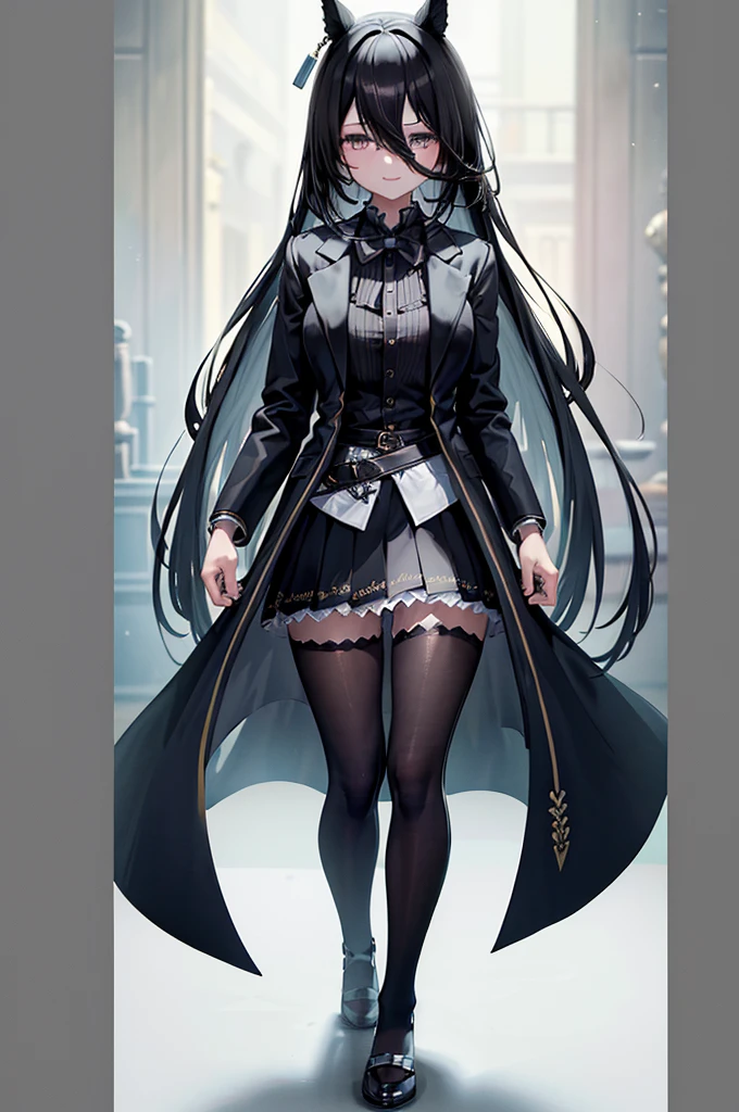 ((masterpiece)),((Highest quality)),High resolution,Extremely detailed CG,Perfect lighting,8k wallpaper, One Girl,Very long hair、Very large breasts、very thick legs、smile、skirt、Black jacket、Black tights、