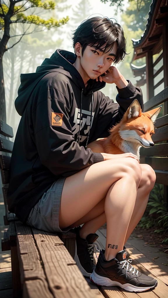 Draw a picture showing a very handsome Korean man, 20 years old, sitting on a wooden bench in front of a traditional wooden building, perhaps a house or temple. Beside the person, there was a large fox like a giant with very intricate fur details. The fox has bright orange fur, black legs, and distinctive white-tipped ears and tails, totaling 9 dangling tails. Its mouth was open as if it was growling or barking, showing its sharp teeth. The person was wearing a hoodie jacket including basketball shoes. The setting appears to be a forest area with dense foliage in the background., photo, portrait photography, conceptual art