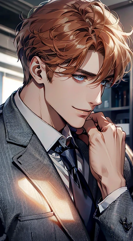 (Highest quality,4K,8K,High resolution,masterpiece:1.2),Super detailed,(Realistic,photoRealistic,photo-Realistic:1.37),1 person,31 years old,Mature Men,Beautiful skin、Profile、very handsome,Expressionless,smile,Short gray orange hair,blue eyes,Sharp Eyes,A perfect face without a doubt,Businessman,Office Background,Cinema Lighting,HDR image,tie、