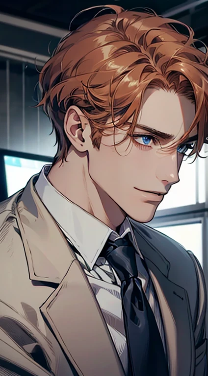 (Highest quality,4K,8K,High resolution,masterpiece:1.2),Super detailed,(Realistic,photoRealistic,photo-Realistic:1.37),1 person,31 years old,Mature Men,Beautiful skin、Profile、very handsome,Expressionless,smile,Short gray orange hair,blue eyes,Sharp Eyes,A perfect face without a doubt,Businessman,Office Background,Cinema Lighting,HDR image,tie、