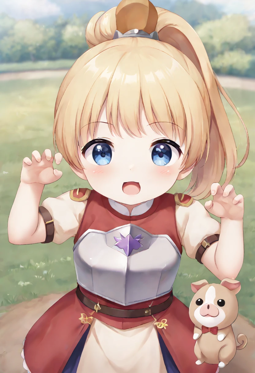 masterpiece, best quality, extremely detailed, anime, (Cute anime style),Girl, blonde, ponytail, short, small, chibi,light armor, (((threatening pose))), holding up hands,(standing big guinea pig visible in the background)