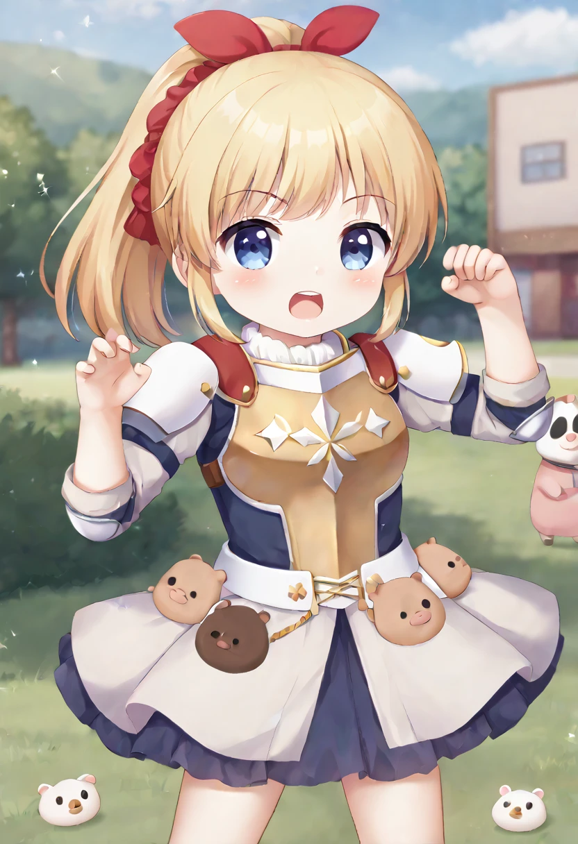 masterpiece, best quality, extremely detailed, anime, (Cute anime style),Girl, blonde, ponytail, short, small, chibi,light armor, (((threatening pose))), holding up hands,(standing big guinea pig visible in the background)