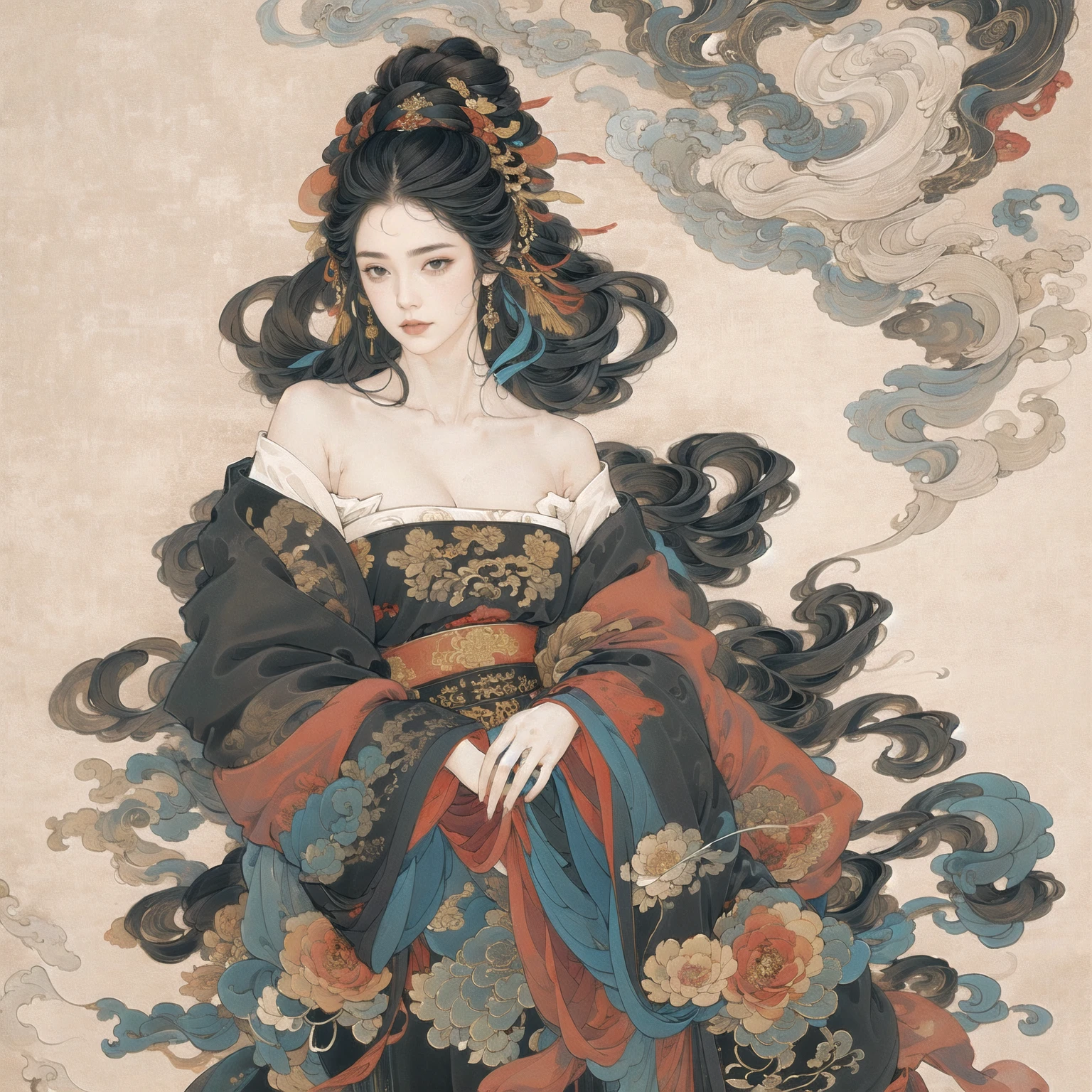 guofeng,Illustrated,black eyes,long hair,multiple colors,high definition,Rich in intricate details,8K,illustration,crazy colors,off shoulder, 1girl,chinese,holding a microphone