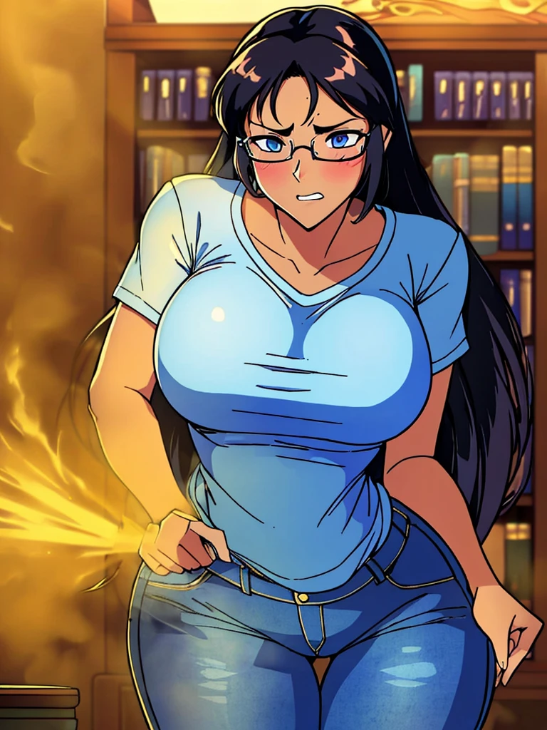 (best quality:1.4),masterpiece,ultra-detailed, delicate features, solo, dark skin, realism, beautiful lighting,1girl,black hair ,blues eyes ,tareme,long hair,gleaming skin,glasses, oversized tshirt, blue jeans, massive fart, yellow smoke rising, blush, clenching teeth, bend over, alone in library