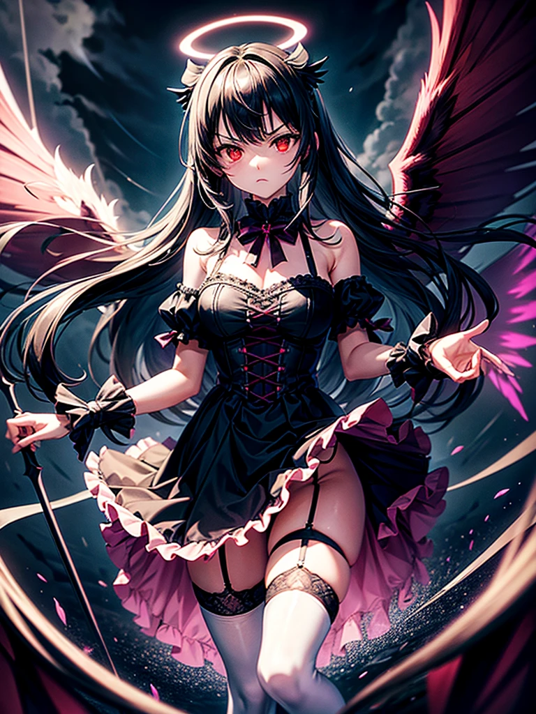 Highest quality,Highest Resolution,Beautiful girl with angry face in gothic ta leotard,High leg,(((Floating in the air))),Halo,Night Sky,Severe lightning strike,Thick Lightning,Very beautiful red eyes,rain,(((Black angel wings on the back))),whole body,front,Purple long hair,In hand1with two big spears,Knee-high stockings,garter belt,Floating in the air,darkness,