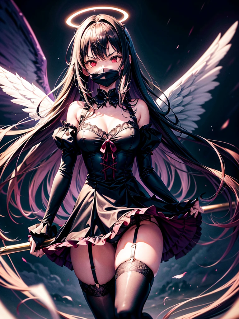 Highest quality,Highest Resolution,Beautiful girl with angry face in gothic lolita leotard,High leg,(((Floating in the air))),Halo,Night Sky,Severe lightning strike,Thick Lightning,Very beautiful red eyes,rain,(((Black angel wings on the back))),whole body,front,Purple long hair,In hand１with two big spears,Knee-high stockings,garter belt,Floating in the air,darkness,