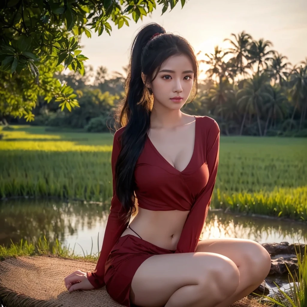 realistic: Open the aperture wide., professional lighting, Sony A7R4, 50 mm sitting lens. 2 ; Warm light, (digital painting, HDR ภาพถ่ายหน้าตรงThai anime, Female anime Araffe 25 30 years old, realistic: Open the aperture wide., professional lighting, Sony A7R4, 50 mm sitting lens. 2 ; Warm light, (digital painting, HDR, high contrast (digital painting, HDR, high contrast),Old jeans torn, bright colored t-shirts, Looking straight at you intently, Long-haired woman with a round face, Red cheeks, Pink cheeks, black eyes ตาสองชั้น, black eyes, Thai anime, Has a large chest size of 38 inches.,  ponytail woman, flowing black hair, long flowing black hair, she has black hair, Her black hair was long and wavy., beautiful black hair, Extra dark natural black hair, The shirt is tight., Looks hot., ,black eyes,abdominal muscles, rounded chest, outdoor, The background is a rice field., There is an old thatched Thai-style hut in the background., The evening sun shines, beautiful female model, jaw-dropping beauty, realistically, 
