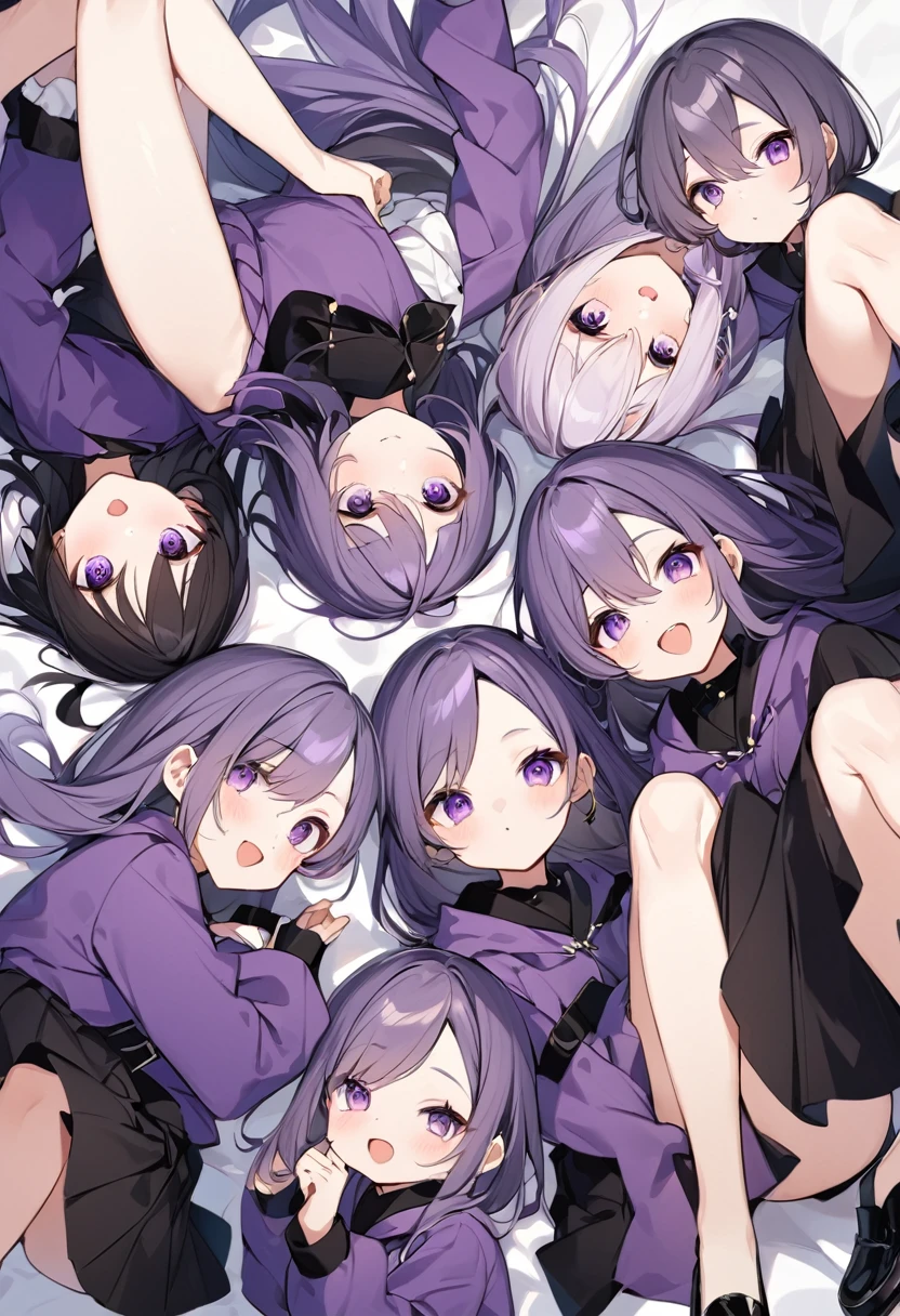 Keito。Purple hoodie。Black Skirt。Purple Eyes。Black Hair。Black shoes下。Black shoes。6 sistery eldest daughter has lavender hair.。all female。Sextuplets