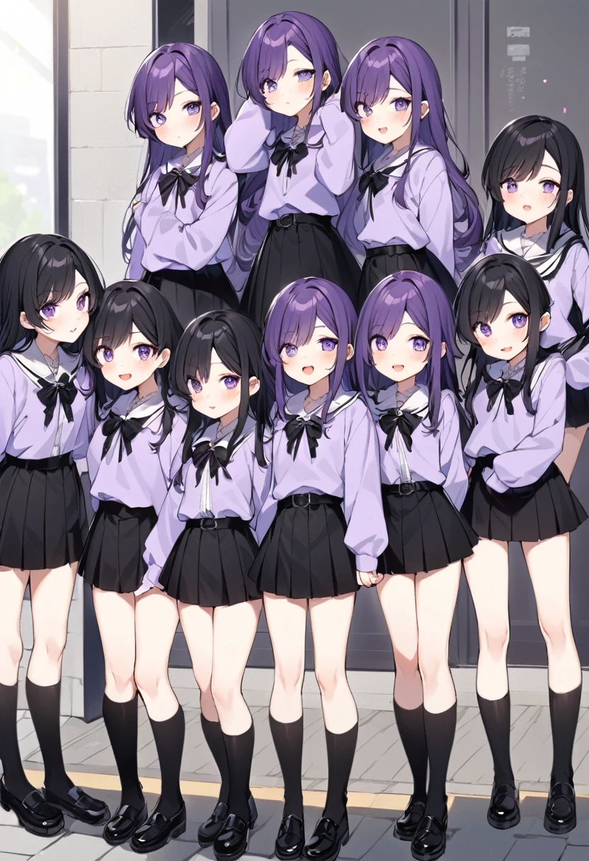 Keito。Purple hoodie。Black Skirt。Purple Eyes。Black Hair。Black shoes下。Black shoes。6 sistery eldest daughter has lavender hair.。all female。Sextuplets