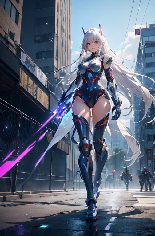 ((Kizi, mecha)), glare eyes, 精致的面容, damaged armor, mechanical aura, mechanical arm, White hair, long hair, ceramic body, Thigh clearance, breasts big, Network Background, Very cool city, (translucent, Reflective skin), 8K, best qualityer, super verbose, (Surrealism: 1.4),