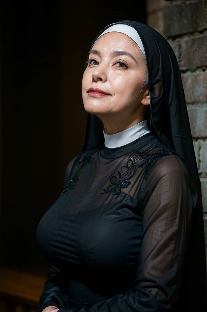 (masterpiece:1.4), (63-year-old woman:1.5), (Facial wrinkles : 1.2), Nasolabial folds, (looking down at viewer : 1.15), (super close-up on breasts from below : 1.15), (breasts view at close range : 1), (smirking : 1.3), (seductive : 1.2),(arrogant :1.15), (captivating eyes :1), pores, dull skin, skin blemishes, motherly mature woman, (long beautiful hair), enormous saggy breasts, plump body, (dressed as a catholic nun), (black clothes), (partially see-through dress : 1.1), (sheer dress : 1), lace fabric, detailed backgrounds, (old church), (dim atmosphere), gloomy, rosary, cross, dark lighting