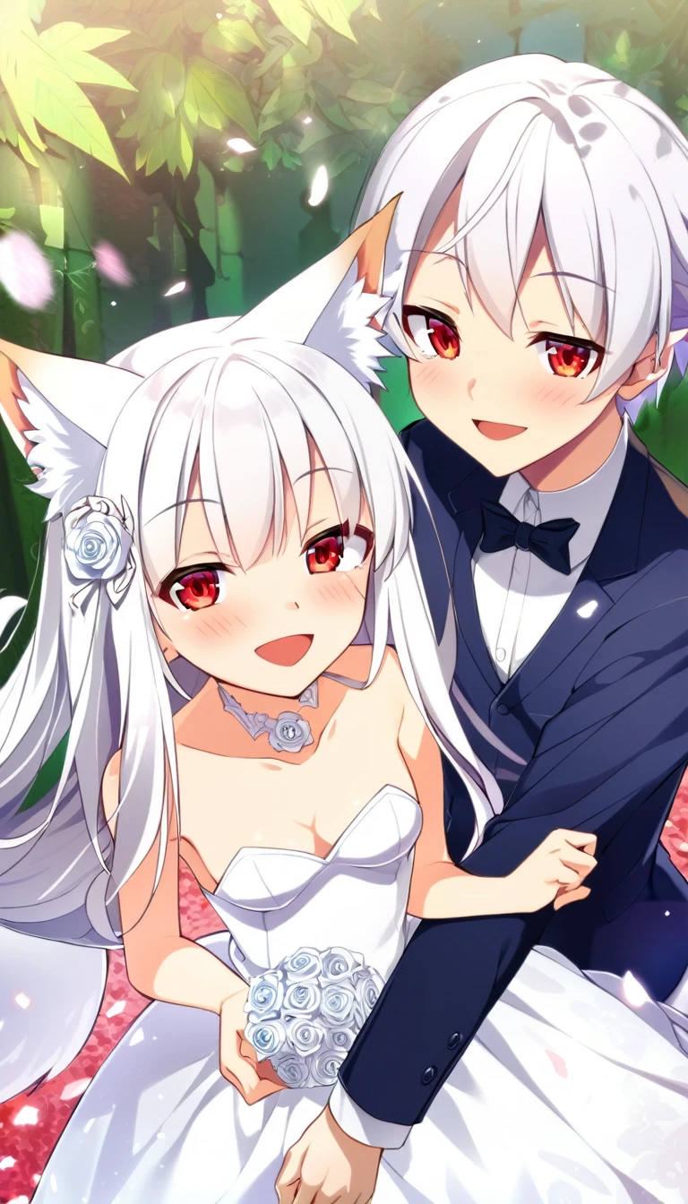 one girl, fox ears, white hair, red eyes, sacred, beauty, naive, , looks happy, medium breasts, wedding dress, my fiance