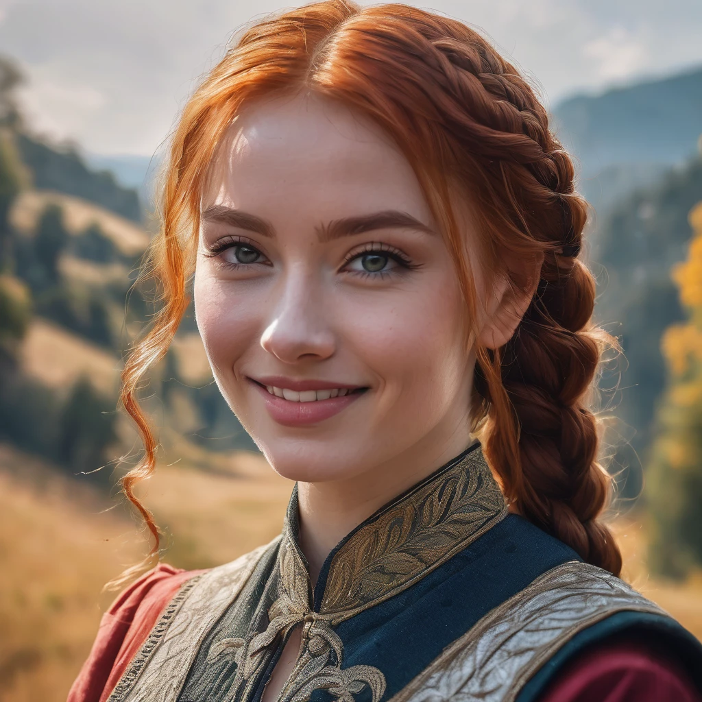 portrait of a stunning young redhead woman looking at camera,braids,very happy gaze,dimples,flirt,cute wide smile with nose wrinkles,shy,her hand holding chin,attractive features,expressive eyes,perfect face,makeup enhancements,fancy dress, shoulder,sunny landscape in background,striking photorealism,trending on artstation,featured on pixiv,cinematic composition,dynamic pose,beautiful lighting,sharp,details,hyper-detailed,Sony/Zeiss 90mm,f/2.8,shutter speed of 1/500s,WLOP,HDR,32k,masterpiece,best quality