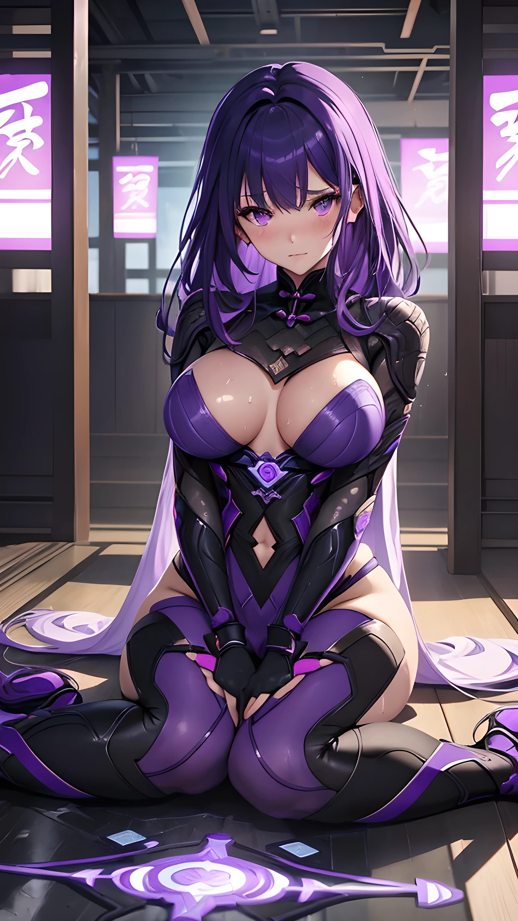 1 woman (raiden shogun) ,(genshinimpact ),purple hair, purple eyes ,blush , looking at viewer,transparent clothes ,floor ,sitting, big breasts ,wet, blush on